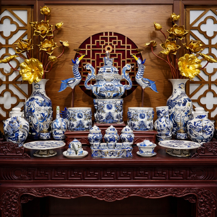 Bộ đồ thờ rồng men lam nổi vẽ vàng kim